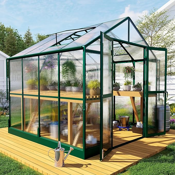 HOWE 8x8x7.5 FT Aluminum Greenhouses for Outdoors,Polycarbonate Greenhouse with 2 Vents Lockable Swing Door Rain Gutter,Walk-in Greenhouse for Backyard Plants,Green