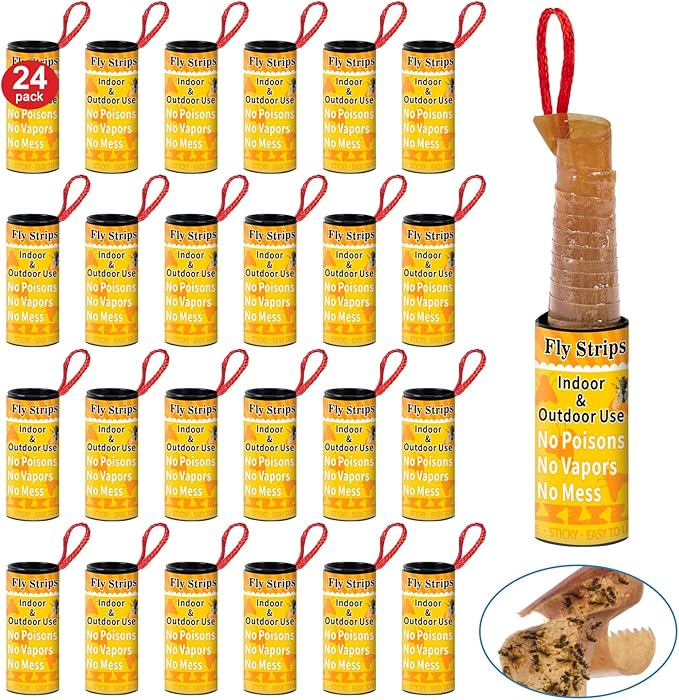 Glovv 24 Pack Sticky Fly Trap Indoor, Flies Strips Indoor Outdoor Hanging Paper Rolls for Home, Bug & Fruit Gnat Ribbons Tape Killer Catcher for Kitchen, Flying Insect Trap for Winged Insect, Mosquito