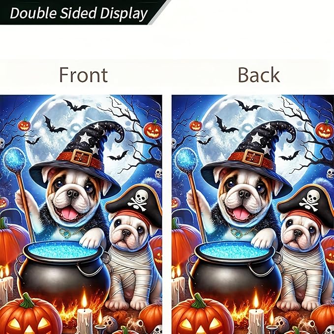Halloween Garden Flag Double Sided 12x18 Flag Cute Dog Flag Bulldog Halloween Garden Flag Dogs In Wizard And Pirate Costumes Cauldron Pumpkins Full Moon Fun Outdoor Yard Lawn Decoration