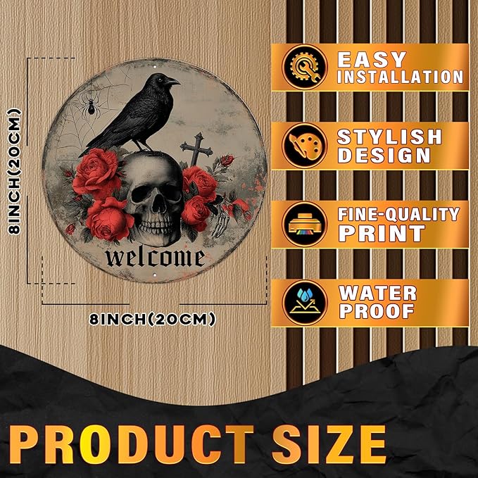 PEACHGARDEN Halloween Skull Crow Metal Tin Sign Vintage Gothic Skeleton Decor Spooky Welcome Door Plaque Retro Wall Art Iron Painting for Home Bar Pub 8x8inch