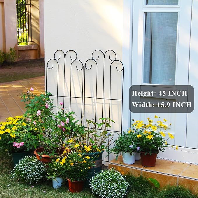 SCENDOR 2 Pack Black Garden Trellis for Climbing Plants 45” x 15.9” Iron Plant Support Climbing Vines and Flowers Stands Vegetables Patio Metal Lattices Grid Panels for Ivy Cucumbers