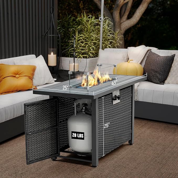 43" Propane Fire Pit Table with Rattan Fence, 50,000 BTU Gas Fire Pits for Outside Patio with Auto-Ignition, 2-in-1 Fire Table with Glass Stones,Wind Guard& Removable Lid, Black