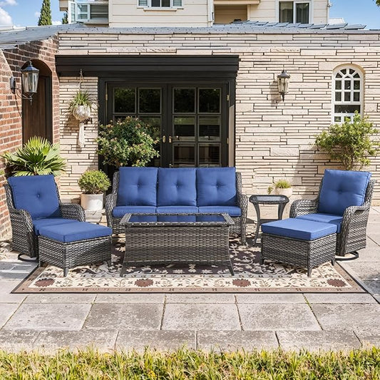 Wicker Rattan Patio Furniture Set - 7 Pieces Outdoor Couch with Swivel Chairs, Ottomans and Coffee Table for Deck, Poolside, Backyard - Grey/Blue
