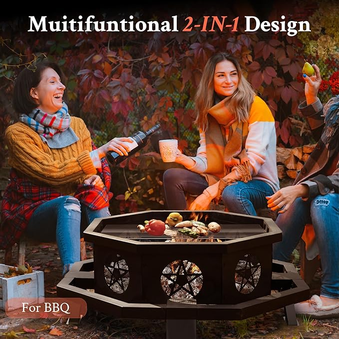 43 Inch Octagonal Fire Pit with Cooking Grill,Outdoor Wood Burning Fire Pit for Camping Outside Picnic Bonfire,Heavy Duty Firepit for Backyard Garden Patio