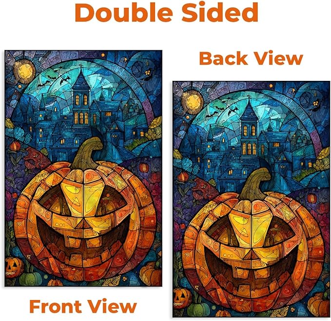 Halloween Garden Flag 12x18 – Double Sided Burlap Flag with Pumpkin & Stained Glass Design –Fall Outdoor Yard Decor for Halloween