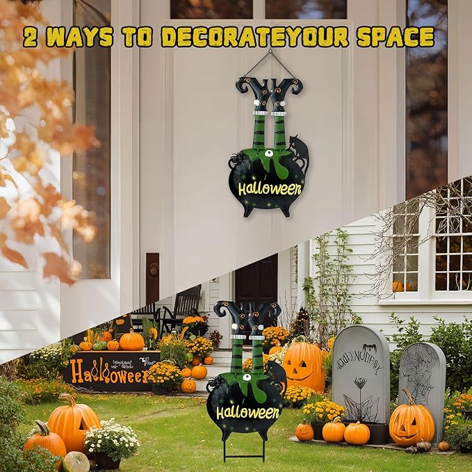 HONGLAND Halloween Decorations Witch Cauldron Garden Stake, Witch Feet Cauldron Eyeball Black Cat Halloween Decor for Outdoor Porch- 31 Inch