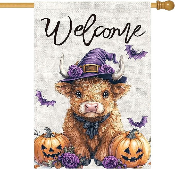 Halloween Highland Cow House Flag 28x40 Double Sided, Welcome Halloween Large Garden Flags for Outside Decor, Holiday Yard Flag Decorations for Home