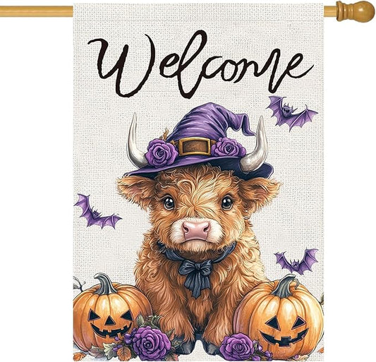 Halloween Highland Cow House Flag 28x40 Double Sided, Welcome Halloween Large Garden Flags for Outside Decor, Holiday Yard Flag Decorations for Home