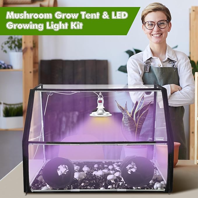 Meonum Mushroom Grow Tent and LED Growing Light Kit, 30 x 20 x 20 Inch Portable Large Still Air Box, Mycology Mushroom Growing Kit, Indoor Propagation Stations with 48 LED Mushroom Grow Lamp(Black)