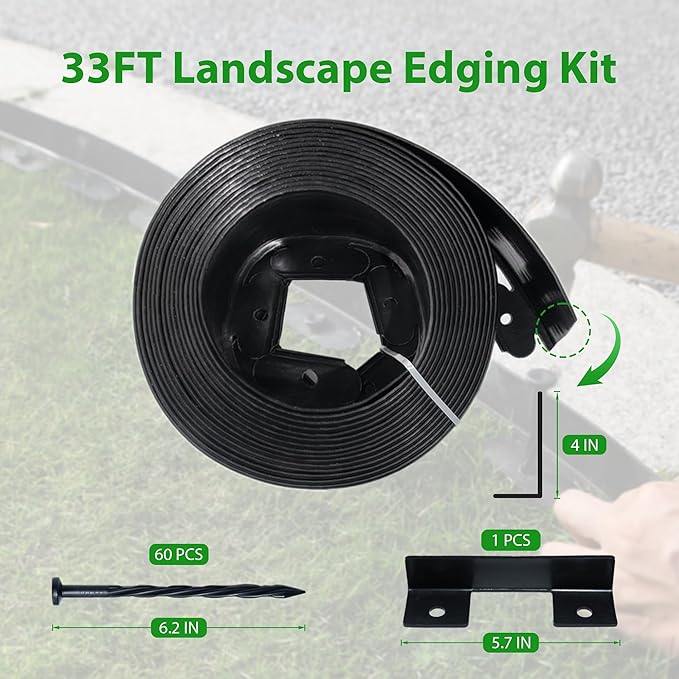 Landscape Edging Border 33 FT 4 Inch Tall with 60 Spikes, Plastic Edging for Landscaping, Garden Edging Border， Flower Bed, Paver and Lawn Edging Border, Black