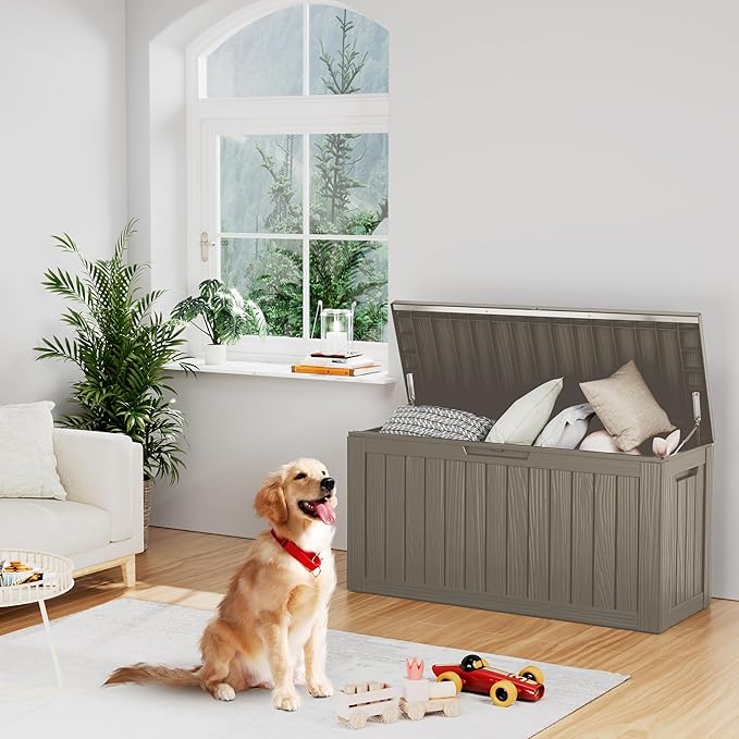 80GAL Brown Outdoor Deck Box with Lockable Compartment - Waterproof, SGS - Tested UV Resistance, Ample Space for Patio Furniture Covers and Outdoor Toys, Simple Setup