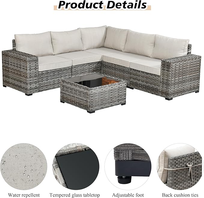 HOOOWOOO Modular Patio Outdoor Sectional Furniture Set,6 Piece Wicker Conversation Sofa Set,Out Door Couch Set with Wide Arm for Outside All Weather(Beige)