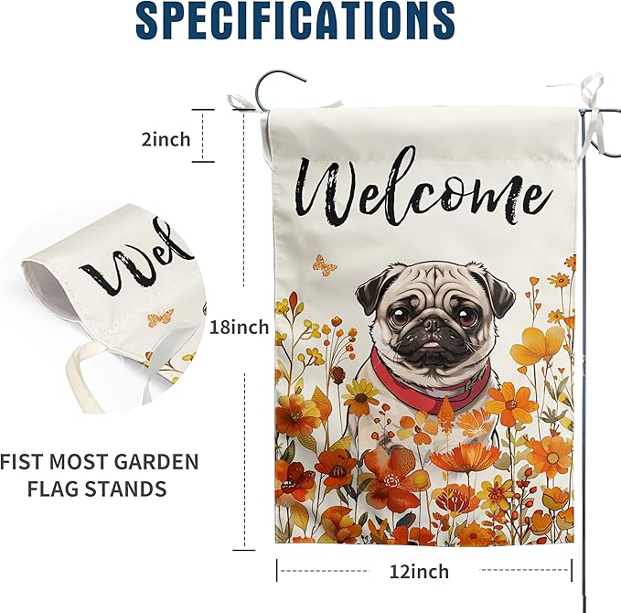 Floral Pug Garden Flag Fall Yard Flag Wildflower Dog Garden Flags Orange Autumn Lawn Flags Welcome Thanksgiving Outdoor Flags for Outside 12x18 Double Sided Small