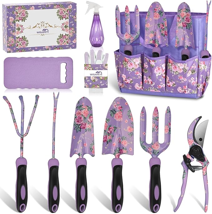 Gardening Tools, WisaKey 10 Piece Heavy Duty Purple Garden Tool Set with Handle, Durable Fashion Garden Supplies Organizer Handbag, Garden Hand Tools Gardening Gifts for Women Grandmother Granny