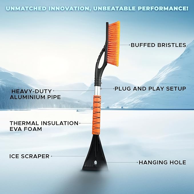 EcoNour 27" Aluminum Snow Brush with Ice Scrapers for Car Windshield and Window | Car Snow Scraper and Brush with Ergonomic Foam Grip Winter Accessories (Orange)