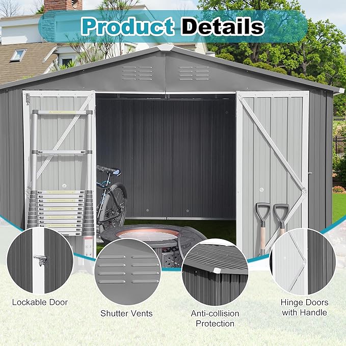 10x12 FT Outdoor Storage Shed, Metal Tool Shed with Lockable Doors & Peaked Roof, Garden Shed with Vented Design for Backyard Garden Patio Lawn, Gray