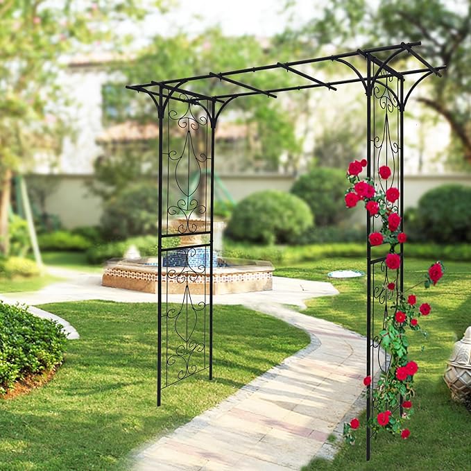 Metal Garden Arch, Garden Arch Trellis for Climbing Plants Outdoor, Garden Arbor for Weddings Party Events Decoration, 80" L X 20.5" W X 81" H, Black