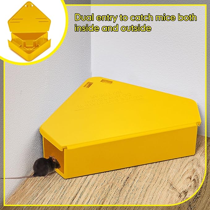 Qualirey 36 Pcs Mice Station with Key Triangle Bait Station Reusable Rodent Trap Bait Box, Keeps Children and Pets Safe Indoor & Outdoor, Bait Not Included, Suitable for Small Mice (Yellow)