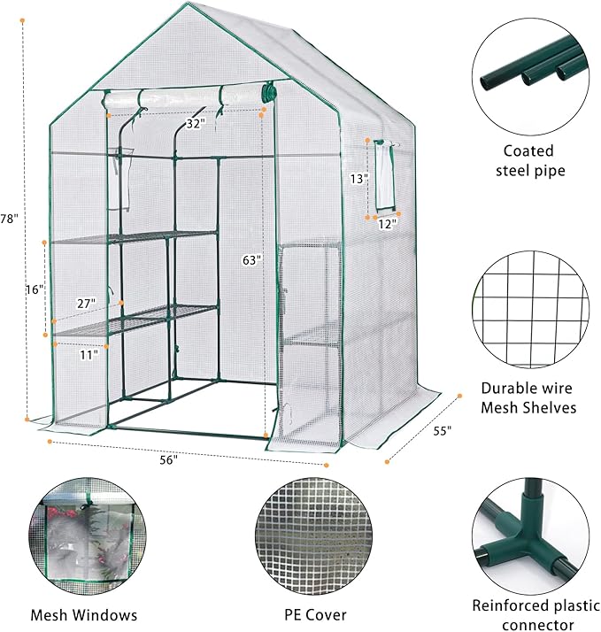 Green Houses for Outdoors, PE Walk in Greenhouse with 2 Side Mesh Windows, Portable Green House with Anchors & Ropes Stands Up to Wind, 56"x56"x78" White