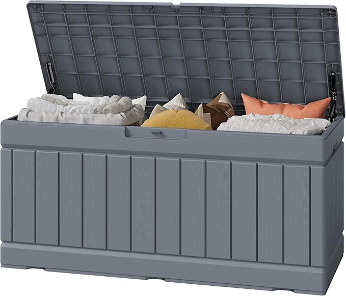 Greesum 82 Gallon Resin Deck Box Large Outdoor Storage for Patio Furniture, Garden Tools, Pool Supplies, Weatherproof and UV Resistant, Lockable, Grey