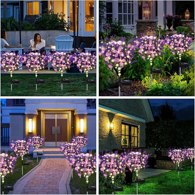 Solar Garden Lights Outdoor, 2 Pack Solar Butterfly Lights Purple Lavender Gardening Gifts for Women, Artificial Flower with Butterfly Purple Garden Decor for Lawn Patio-Warm White