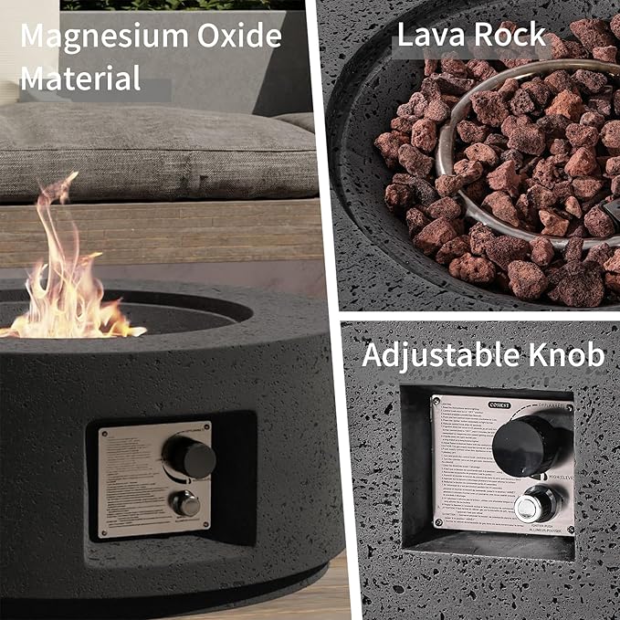 SUNBURY Outdoor Fire Pit, 28" Round Propane Gas Patio Fire Table 40,000 BTU Concrete Travertine Design, CSA Certified, Circular Base Small Firepit with Lava Rocks, Waterproof Cover (Grey)