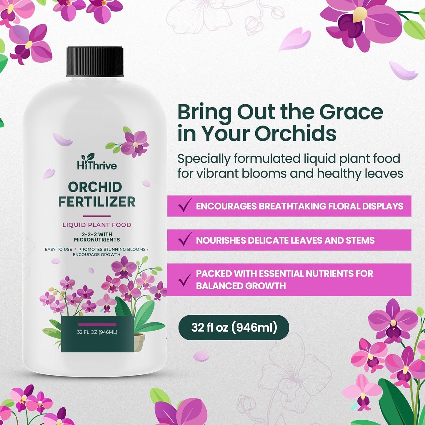 32oz Orchid Fertilizer - Makes 64 Gallons of Orchid Food, Indoor Plant Fertilizer for Orchids Indoors & Outdoors, Indoor Plant Food with Micronutrients for Vibrant Blooms and Strong Roots