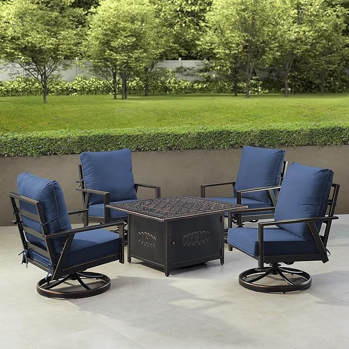 Oakland Living Black Aluminum Patio Fire Table Set with Four Club Chairs with Blue Cushions