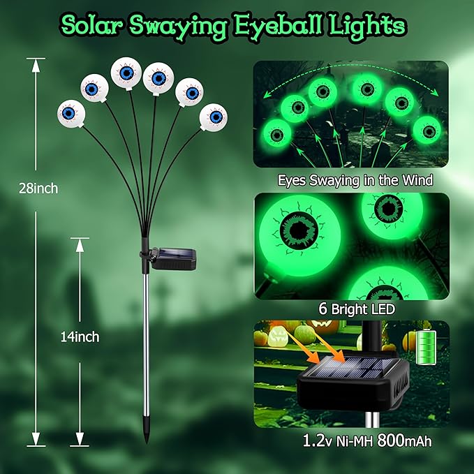 Halloween Decorations Outdoor, 6 Pack 36 LED Solar Scary Eyeball Swaying Lights, Green Solar Firefly Light Waterproof Outdoor Garden Lights for Halloween Yard Garden Lawn Party Flower Bed