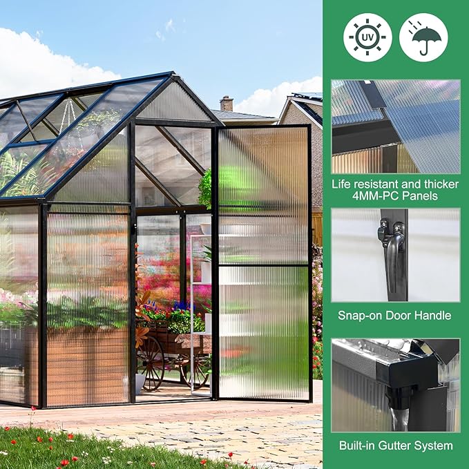 Greenhouse, 6x16 FT Easy Assembly Hybrid Polycarbonate Greenhouses for Outdoors w/3 Vent Windows & Swing Door Walk-in Green Houses Aluminum GreenHouses for Garden, Black
