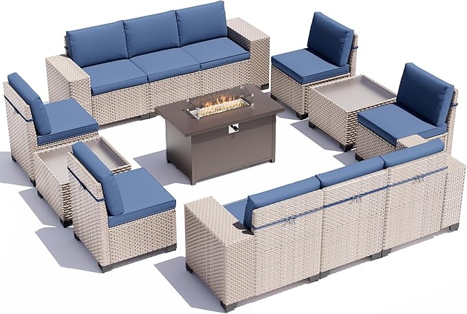 13 Pieces Patio Furniture Set with Metal Fire Pit Table, Outdoor Sectional Wicker Sofa with Thick Cushions and Coffee Table, High Back Rattan Patio Conversation Sets, Navy