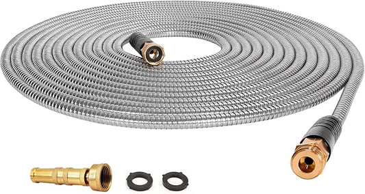 Cesun Metal Garden Hose 75ft - 304 Stainless Steel Water Hose, Flexible, Lightweight and No-Kink Metal Hose with Brass Nozzle for Outdoor, Yard