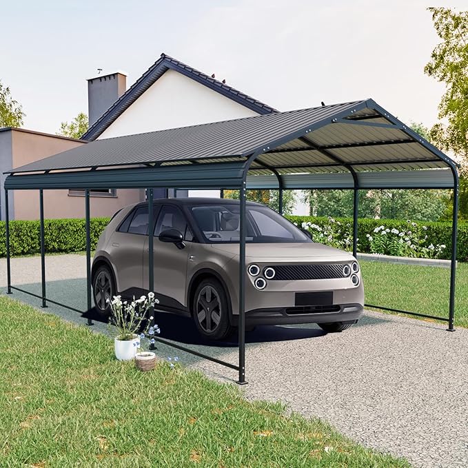 12x21 FT Metal Carport, Heavy Duty Car Port Canopy with Galvanized Steel Roof & Frame, Large Metal Carport Kit, Outdoor Car Garage, Steel Car Shelter for Car, Boat, Truck, Charcoal