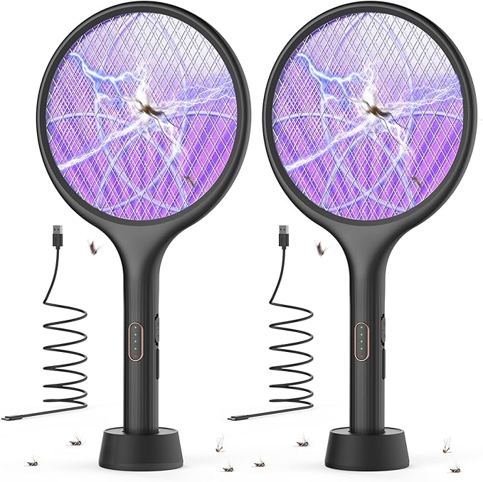 YISSVIC Electric Fly Swatter 4000V Bug Zapper Racket Dual Modes Mosquito Killer with Purple Mosquito Light Rechargeable for Indoor Home Office Backyard Patio Camping (Black-2 Pack)