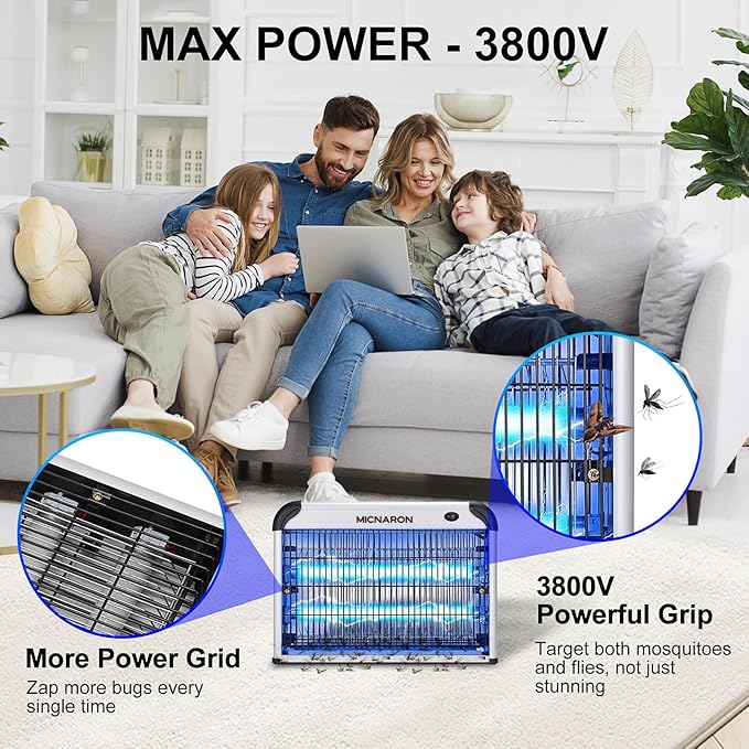 Upgraded 3800V Mosquito Zapper, High-Voltage Electric Bug Zapper Indoor Mosquito Killer Lamp Fly Moth Gnat Traps W/ 2 Replacement Bulbs