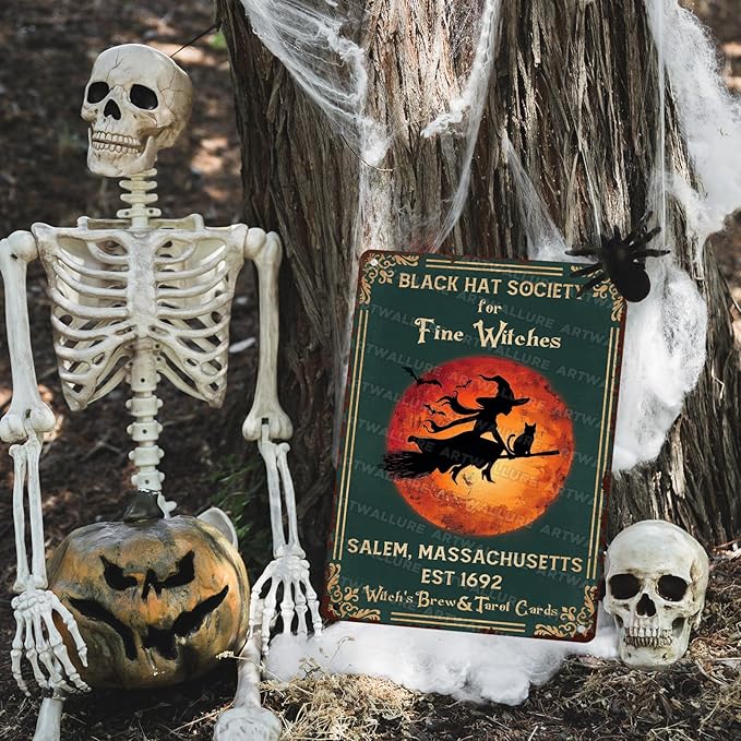 Black Hat Society for Fine Witches Vintage Retro Metal Tin Sign Rustic Wall Decor Witch Halloween Art Metal Plaque for Home Bar Cafe Farmhouse 12x16inch