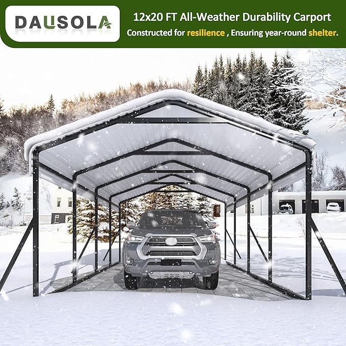 Carport 12x20 FT Heavy Duty Carports Canopy with Updated Frame Structure Galvanized Steel Roof and Enhanced Base, Metal Carport Garage for Pickup, Boat, Car and Tractors