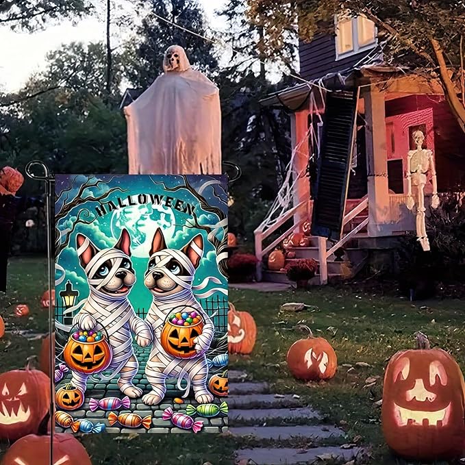Halloween Mummy Dog Garden Flag 12x18 Inch Double Sided Cute French Bulldog Trick-or-Treat Garden Flag Pumpkin Candy Ghost Dog Flag Banner Holiday Small Halloween Yard Flags