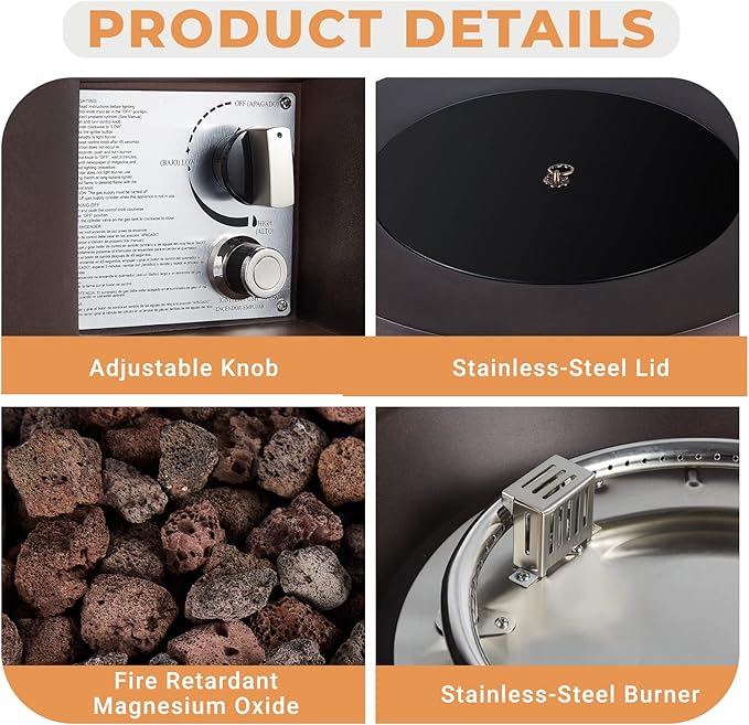 ECOTOUGE 2-Piece Gas Fire Pit, Outdoor Propane Firepit Table Set w/Tank Cover, 30''Auto-Ignition Round Steel Fire Table, 50,000 BTU Concrete fire Pit w/Weather-Resistant Pit Cover, Lava Rocks, Brown