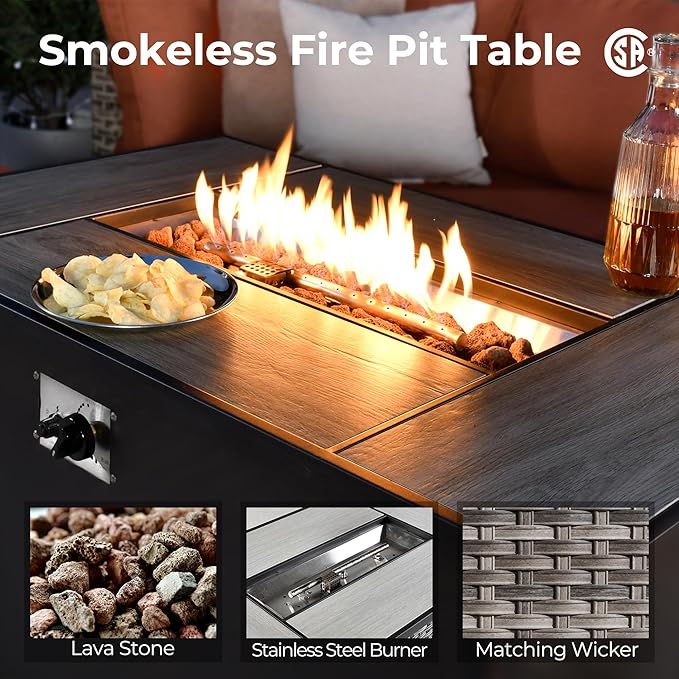 HOOOWOOO 13 Piece Patio Sectional Furniture Set with Fire Pit Table,Modern Wicker Outdoor Conversation Sofa Sets,All Weather Modular L Shaped Outside Couch Swivel Chair(Beige Sand)