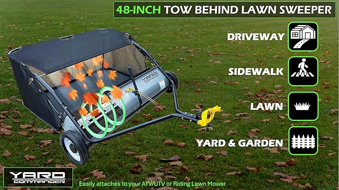48-Inch Tow-Behind Lawn Sweeper, 10" Nylon Brushes, Universal Tractor/ATV Hitch, Never-Flat Wheels, Adjustable Height, 1-Year Warranty, Ideal for Leaves, Grass & Debris