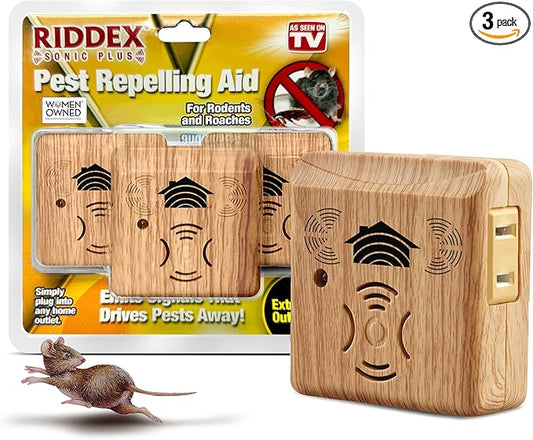 Riddex Sonic Plus Ultrasonic Pest Repeller, Plug in with Outlets for Indoor Use - Insect Repellent - Bug Repellents for Home Defense - Protect Against Rodents and Insects (3 Pack Wood)