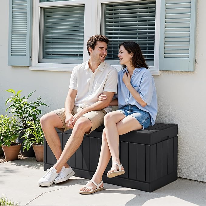 Devoko 78 Gallon Deck Box, Waterproof Resin Outdoor Storage Box for Outside and Patio, Outdoor Storage Bench Lockable for Patio Furniture, Garden Tools and Pool Supplies (Black, 78 Gallon)