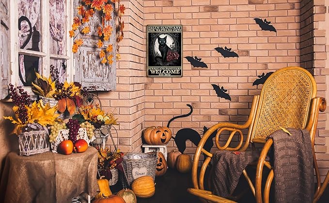 Vintage Halloween Decorations Indoor Black Cat Wall Art Witchy Room Decor Home Bedroom Halloween Decor Black Cat Signs 8x12 Inch