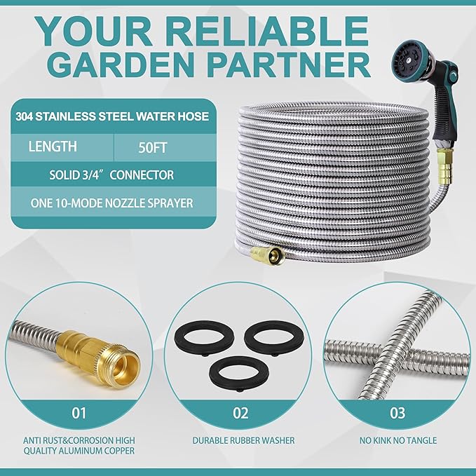 50FT Garden Hose, 304 Stainless Steel Water Hose, Flexible with a 10-Mode Nozzle Sprayer, No Kink, Lightweight, Puncture Proof, Ideal for Yard, Lawn, Outdoor, 5/8 Outside Diameter