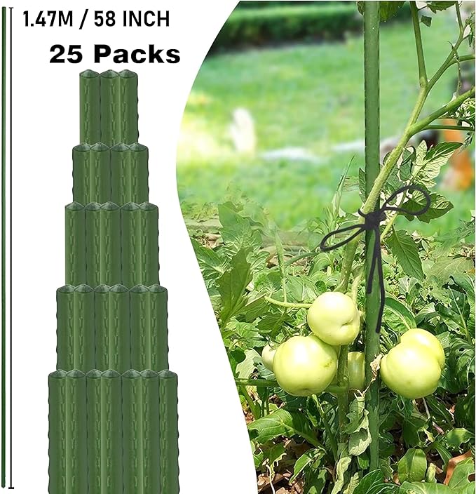 Xiny Tool Garden Stakes, 25 Pack Steel Plant Garden Tomato Stakes with Plastic Coat for Climbing Plants (25 Pack 58 Inch)
