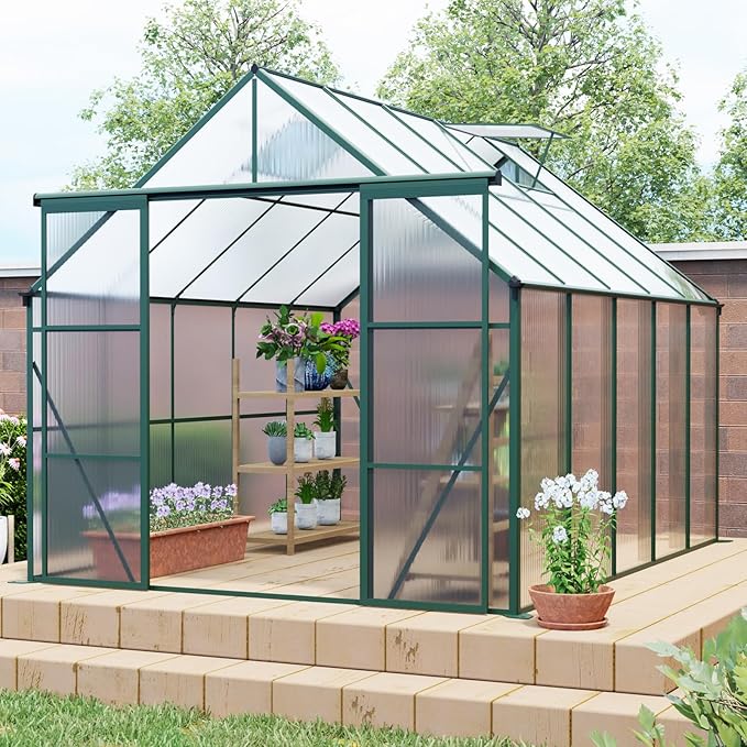 KEIKI 8x10 FT Double Door Polycarbonate Greenhouse with Aluminum Frame,Raised Base and Roof Vent,Walk-in Greenhouses for Patio Garden Backyard