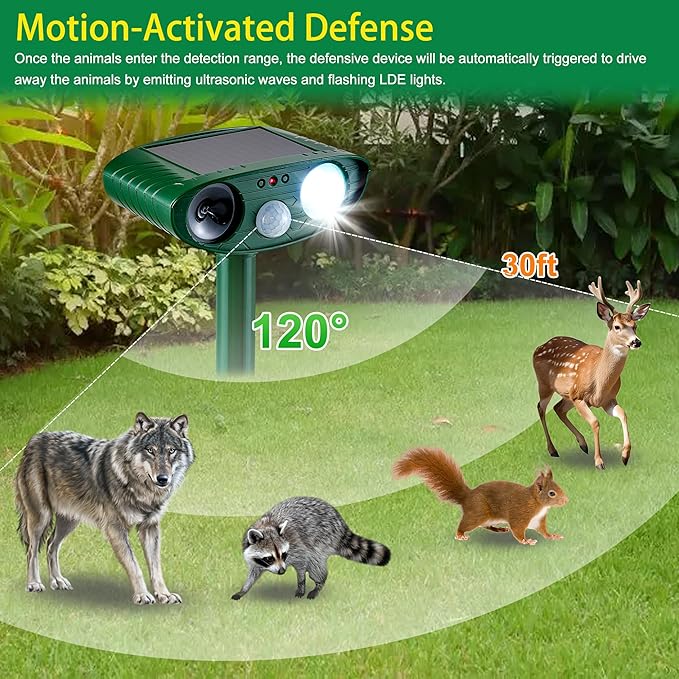 2 Pack Outdoor Solar Animal Repeller - Ultrasonic & Strobe Light, Deterrent for Cats, Dogs, Raccoons, Rabbits, Skunks, Foxes & More
