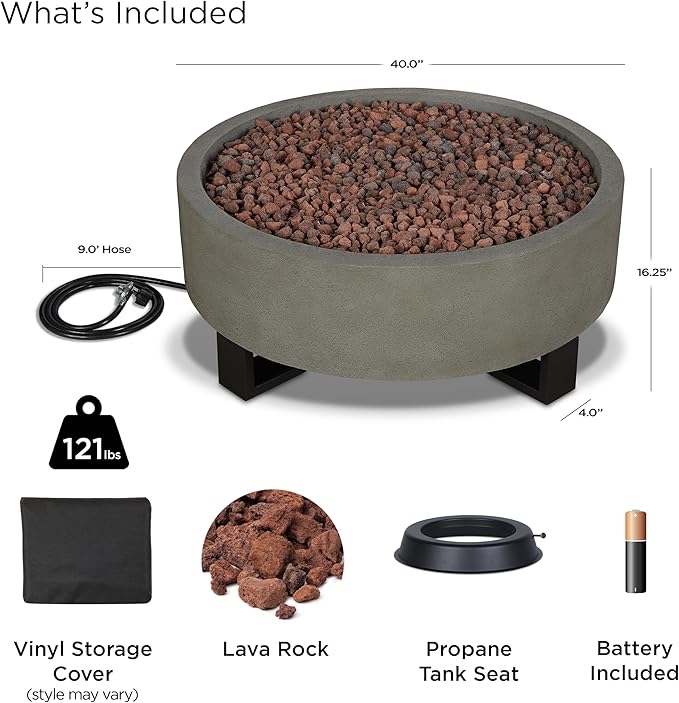 Real Flame Ideldale Round Outdoor Propane Fire Pit - Lightweight, Concrete-Like Material (MGO) - Push Button Start, Adjustable Flame Height