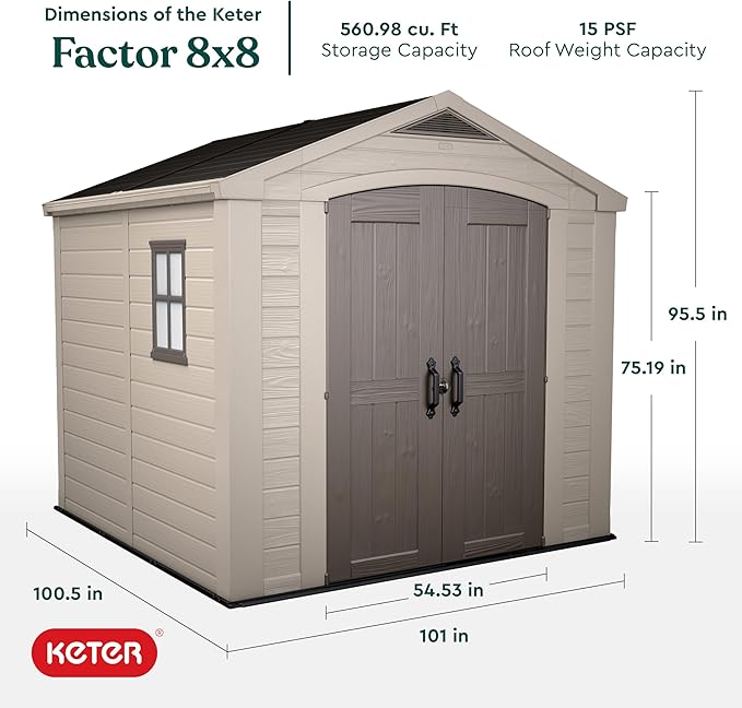 Keter Factor 8x8 Foot Large Resin Outdoor Shed with Floor for Patio Furniture, Lawn Mower, and Bike Storage, Taupe & Brown